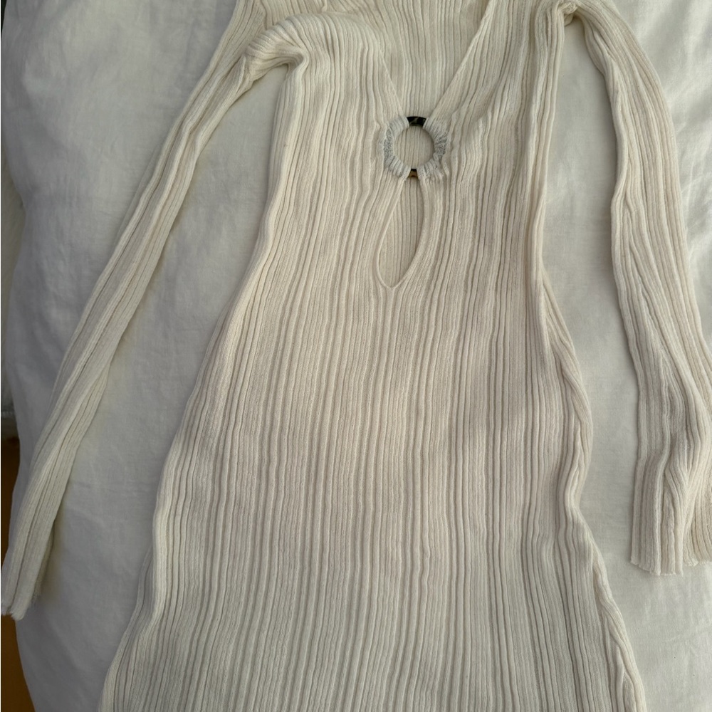 L space Cream Ribbed Long-Sleeve Knit Dress with Front Ring Detail